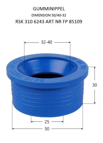 GUMMINIPPEL  50MM MUFFÄNDE TILL SPETSÄNDE 32-40MM