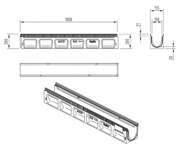 ACO MULTILINE RÄNNA V100S EXKL GALLER L=1,0M